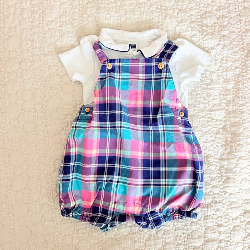 Janie and Jack Baby Plaid Romper and Polo Bodysuit Set 3-6 Months Blue Pink